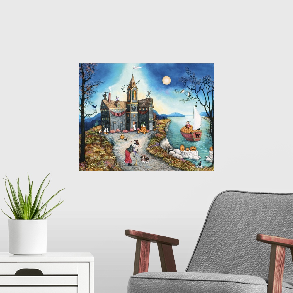 A modern room featuring A contemporary painting of a bay side village scene in Halloween.