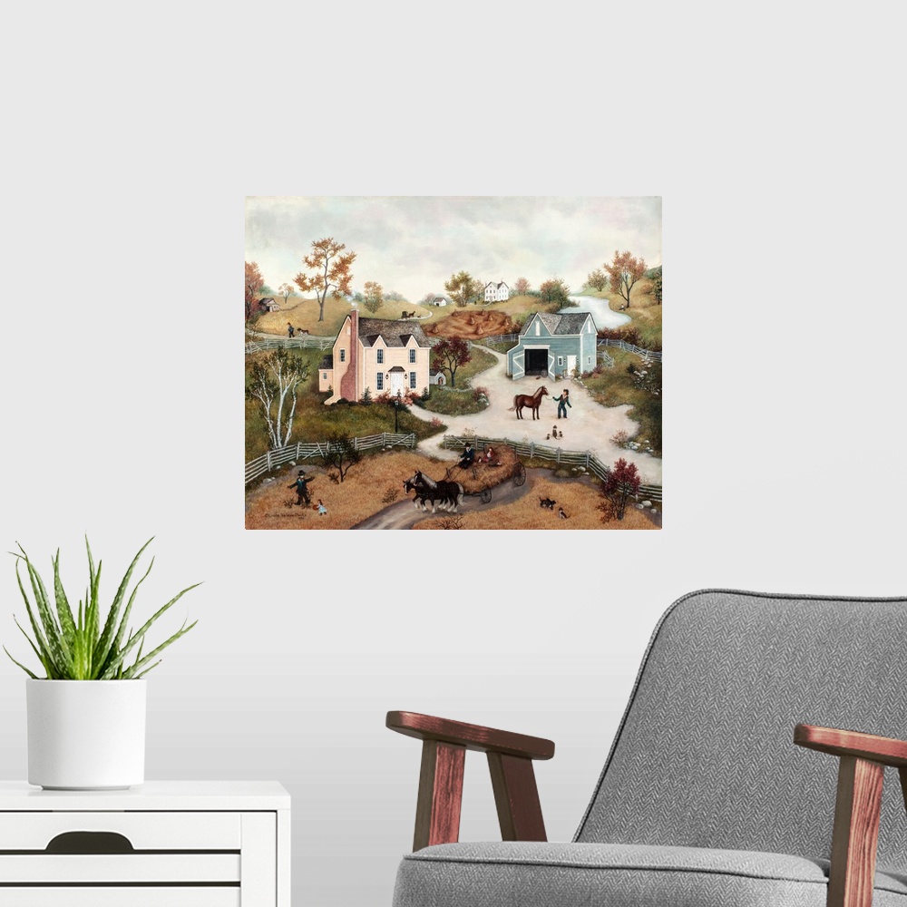 A modern room featuring A contemporary painting of a countryside village scene.