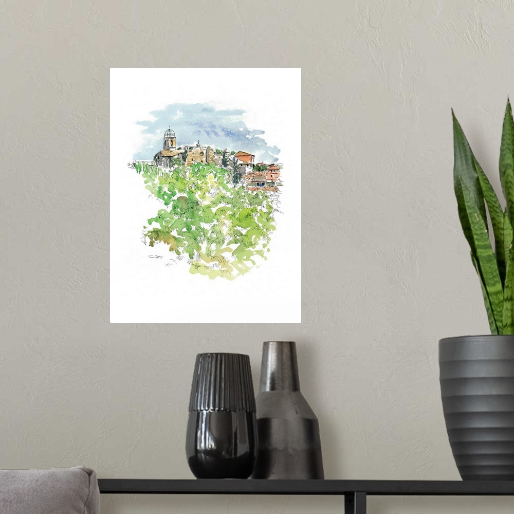 A modern room featuring A lovely pen and ink rendering of a European countryside village
