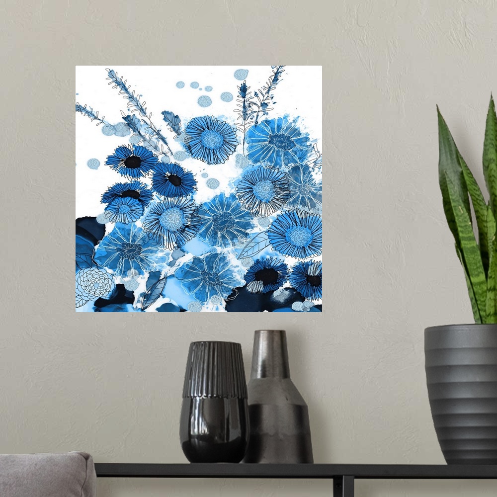 A modern room featuring The loose style of alcohol inks makes this blue floral image an impact statement.