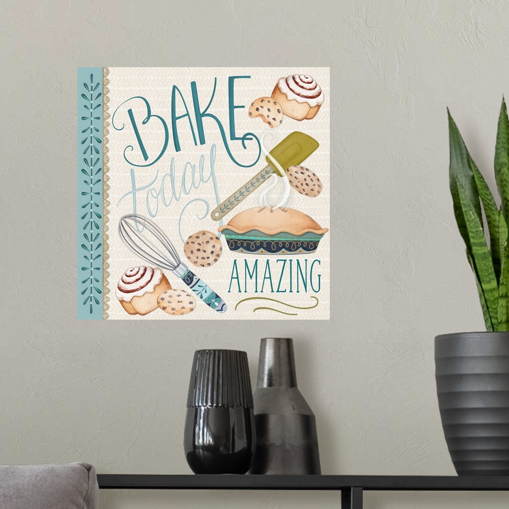 A modern room featuring A whimsical motif and message brings joy to the kitchen.