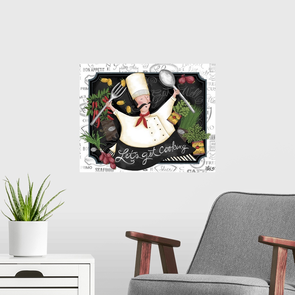 A modern room featuring Celebrate cooking with this fun piece of art, perfect for kitchen decor!