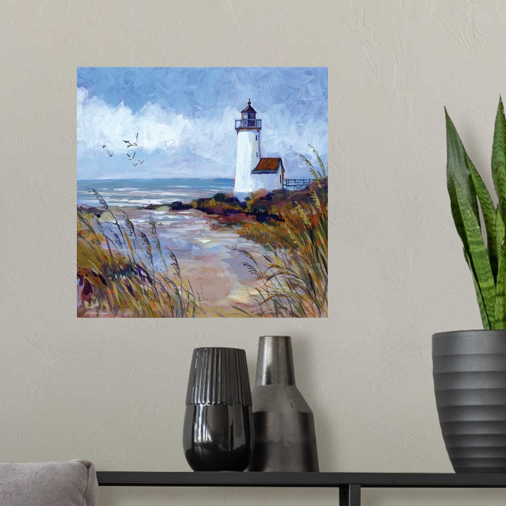 A modern room featuring The classic lighthouse is featured in this moody seascape.