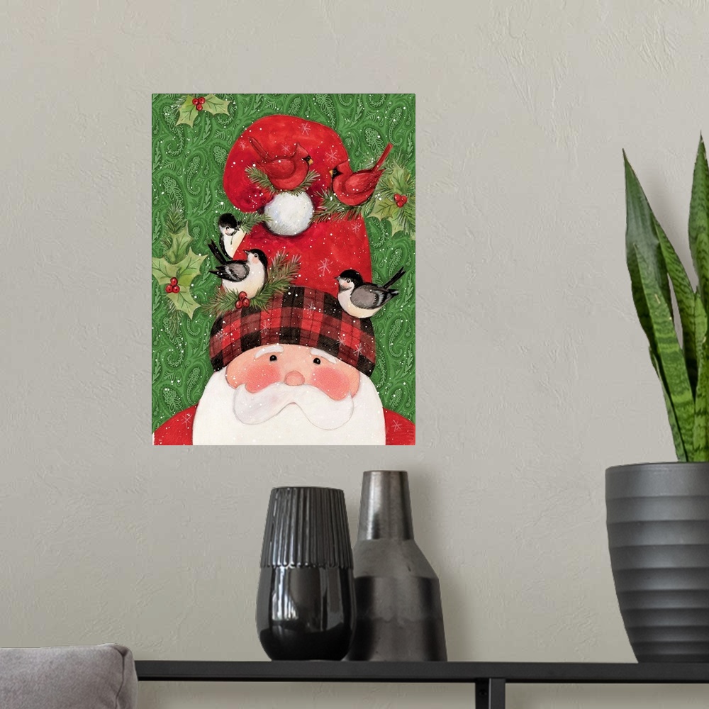 A modern room featuring Whimsical lumberjack Santa adorned in buffalo plaid!