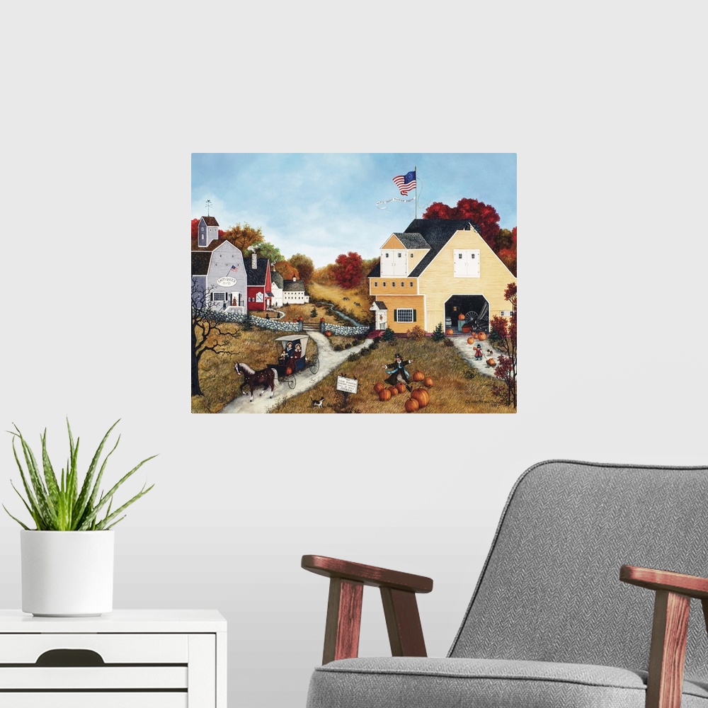 A modern room featuring A contemporary painting of a countryside village scene in autumn.