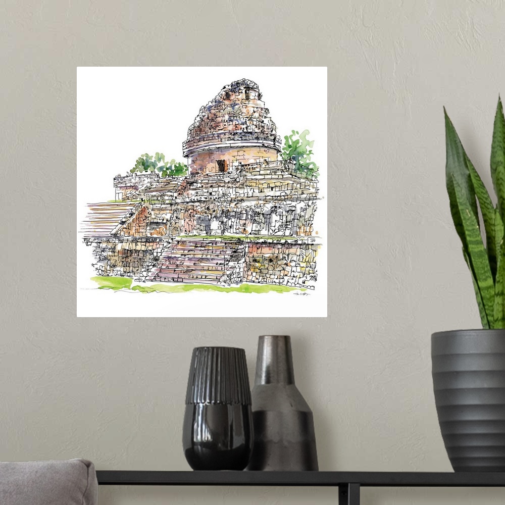 A modern room featuring A lovely pen and ink depiction of ancient Mayan ruins