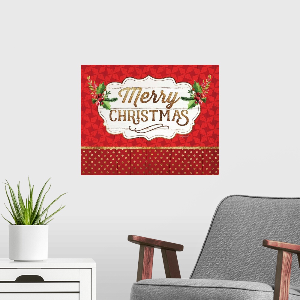 A modern room featuring "Holiday Cheer" in gold glitter text is placed on a distressed white sign that is over a patterne...