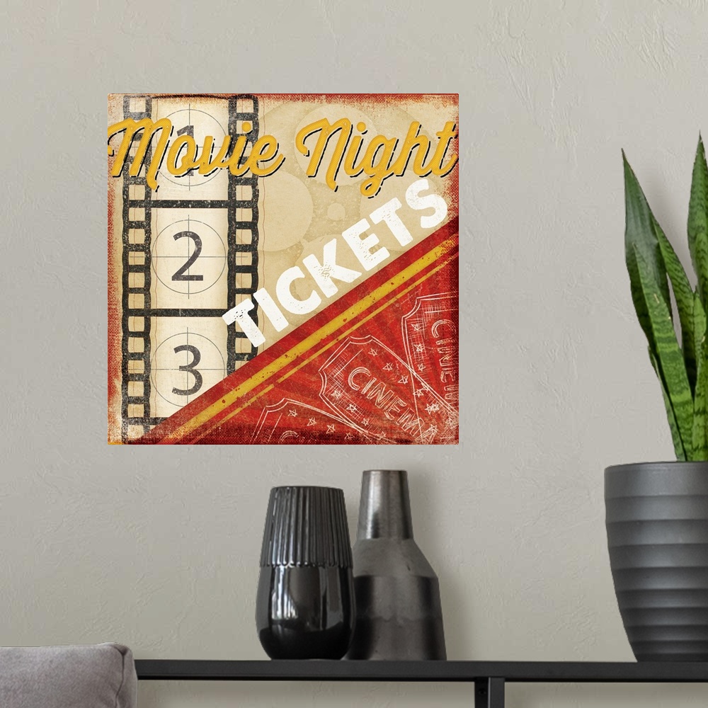 A modern room featuring A digital illustration of "Movie Night Tickets" with a vintage appearance.