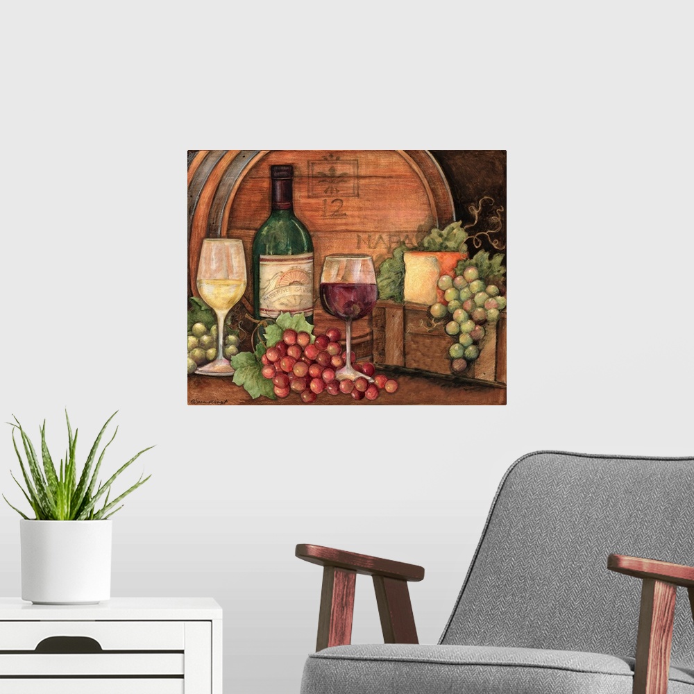 A modern room featuring Artwork perfect for the kitchen of wine and grapes beautifully placed in front of a wine barrel.