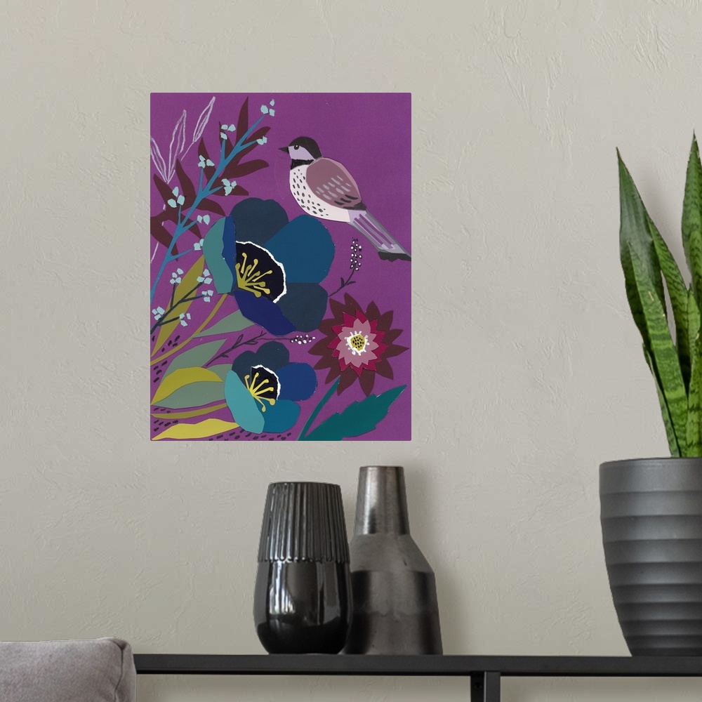 A modern room featuring Strikingly clean shapes define this colorful bird image.