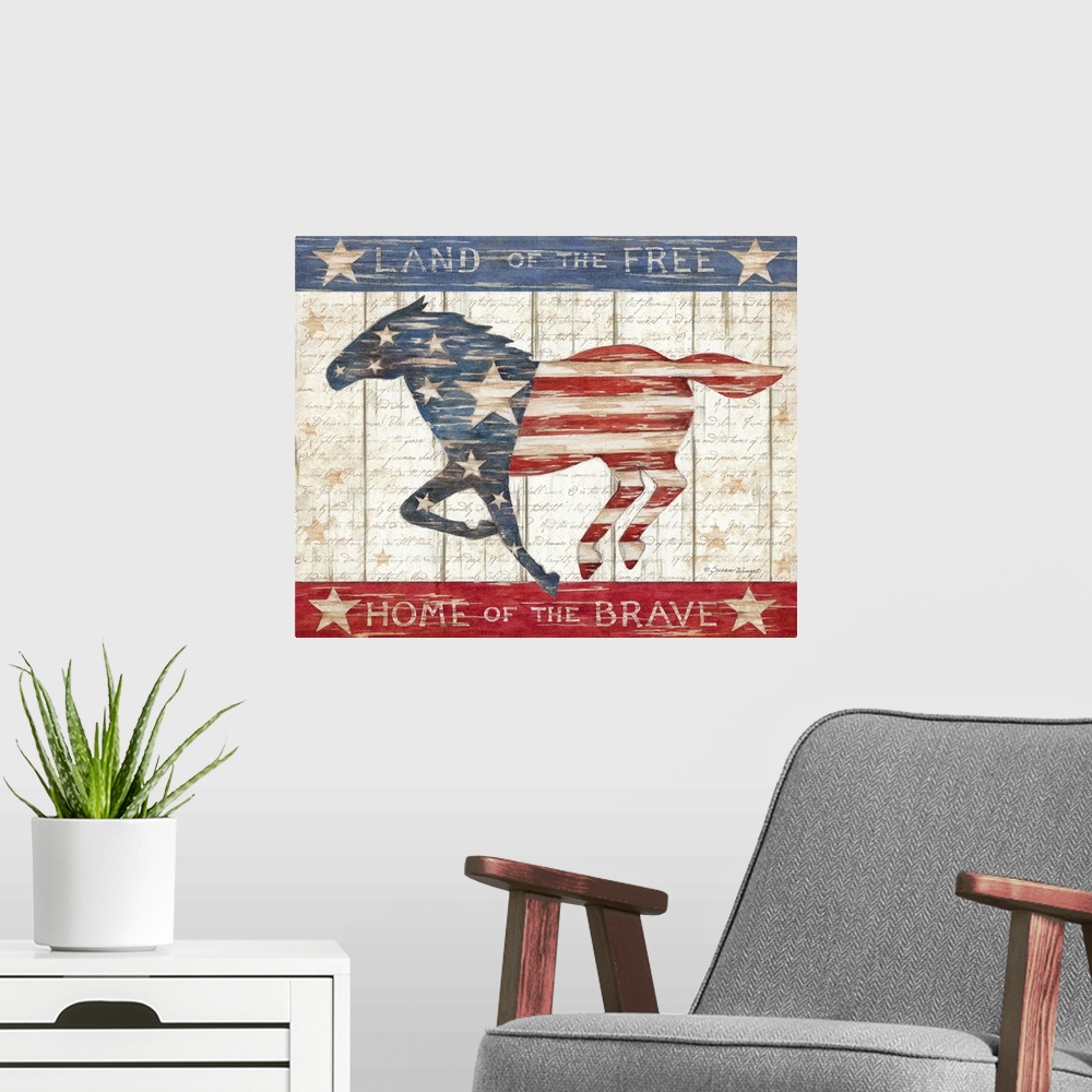 A modern room featuring A patriotic Horse motif for a wonderful country decor.