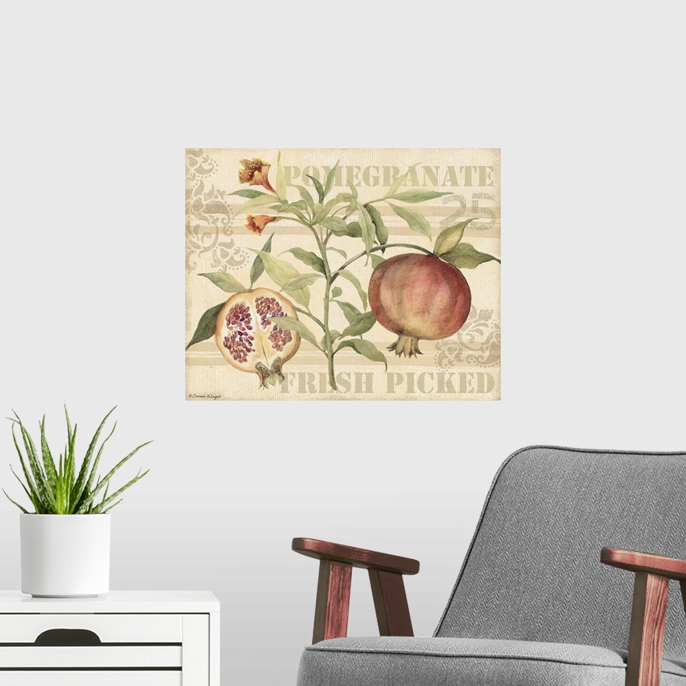A modern room featuring Freshly colored fruit on burlap, perfect for kitchen decor