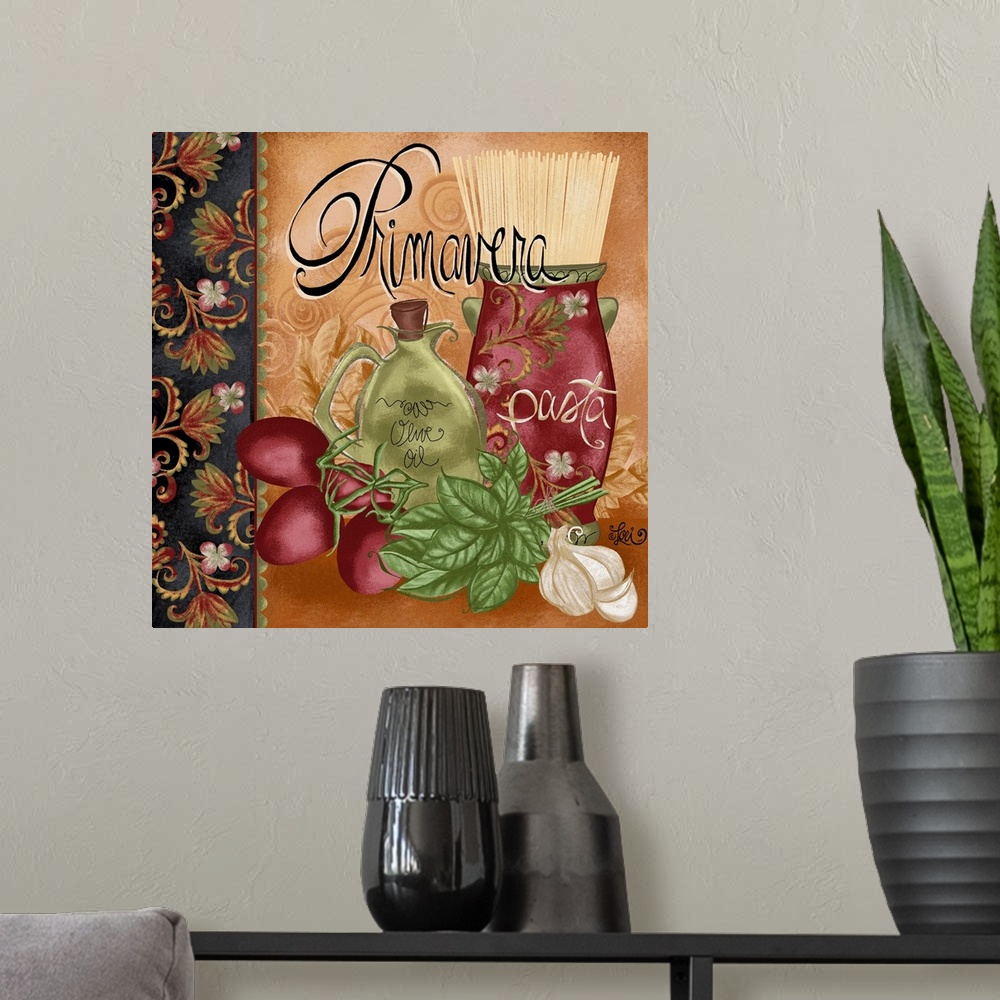 A modern room featuring Artwork of an Italian food theme, with a vase of uncooked pasta, a jar of olive oil, tomatoes, ba...