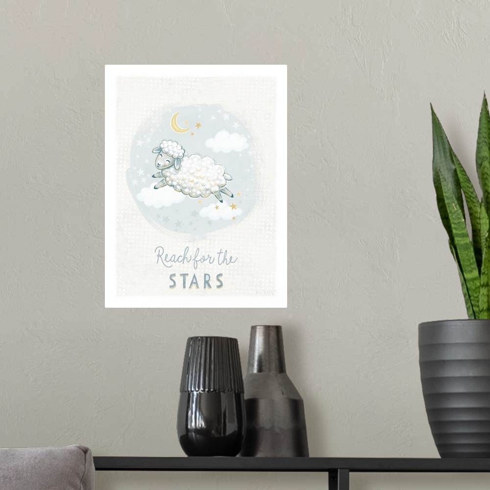 A modern room featuring A sweet and softly rendered painting of a sheep in the cloudsoperfect for any nursery.