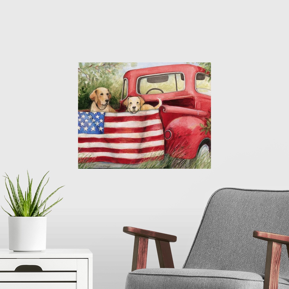 A modern room featuring Red trucks and dogs capture the American spirit with this painting in your home.