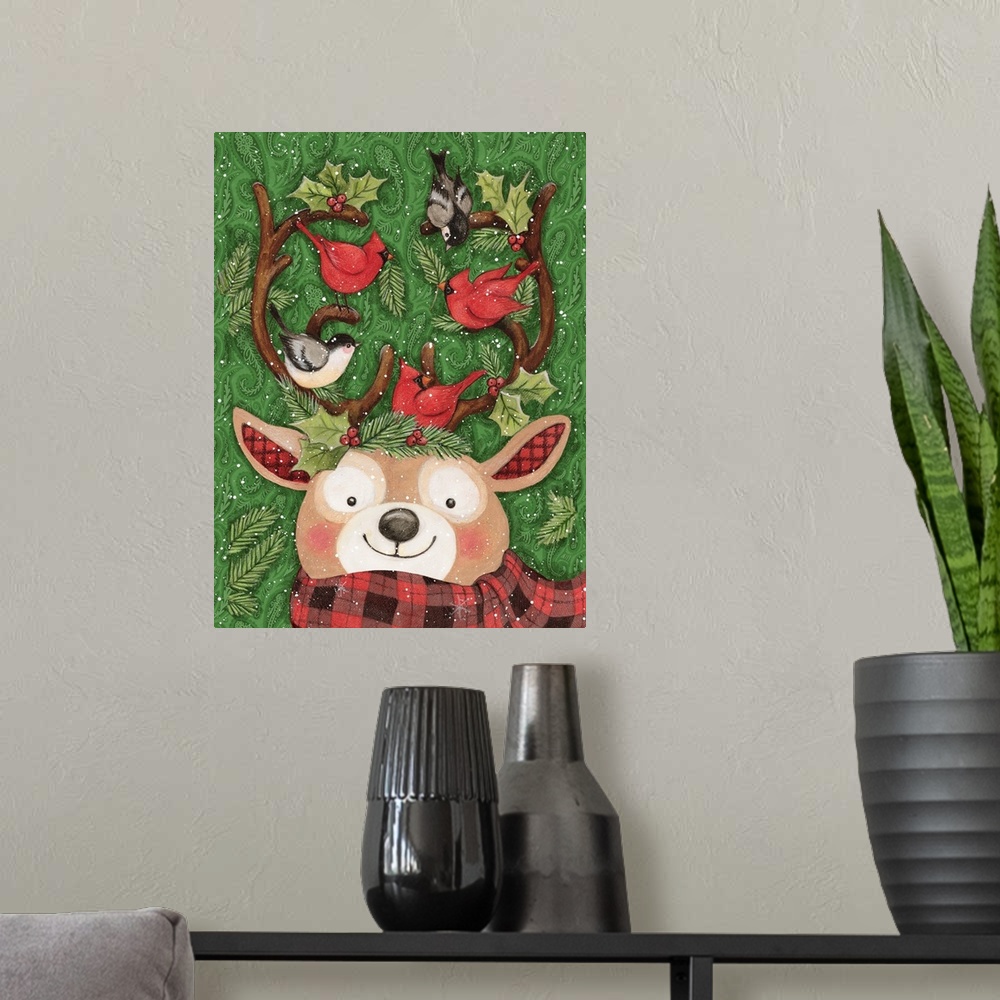 A modern room featuring Whimsical Reindeer with his cardinal friends capture the fun of the holiday!