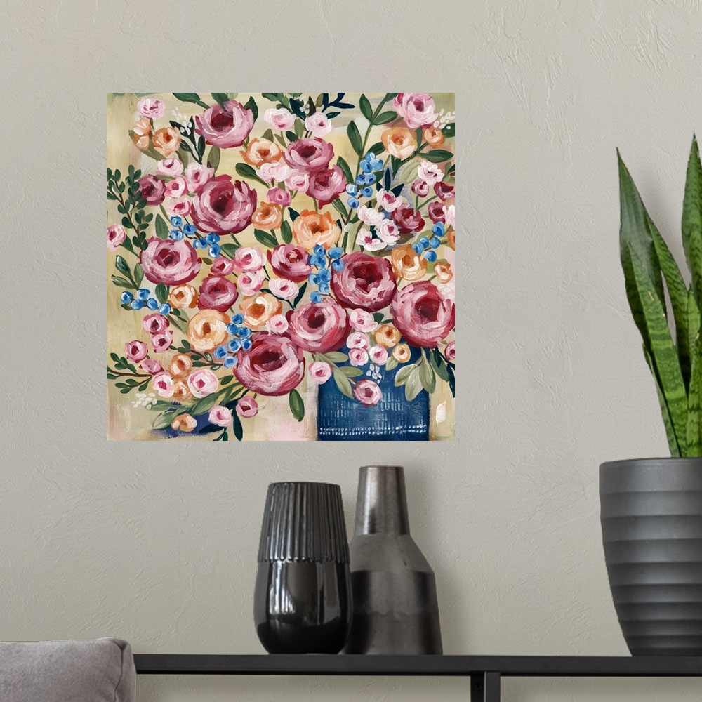 A modern room featuring Lush, dramatic still life of a floral vase fills a wall with beauty and color.