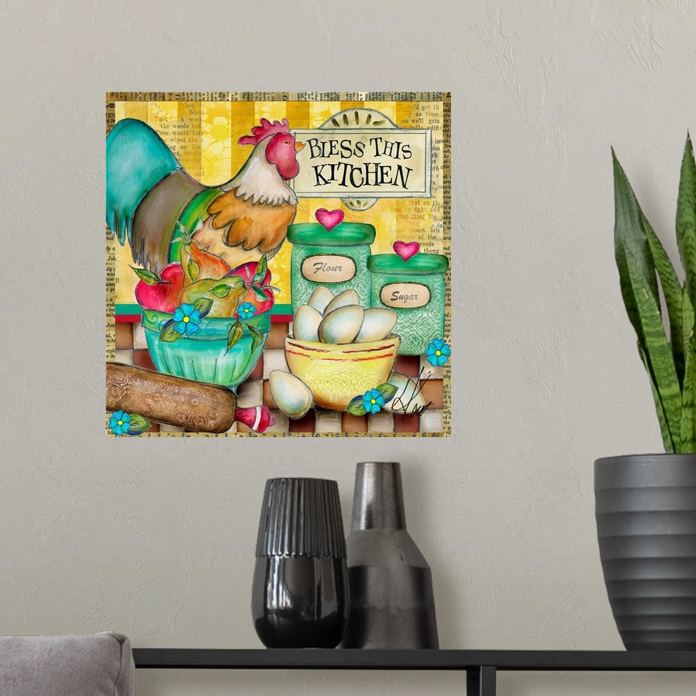 A modern room featuring This rooster vignette is perfect for your kitchen deco.