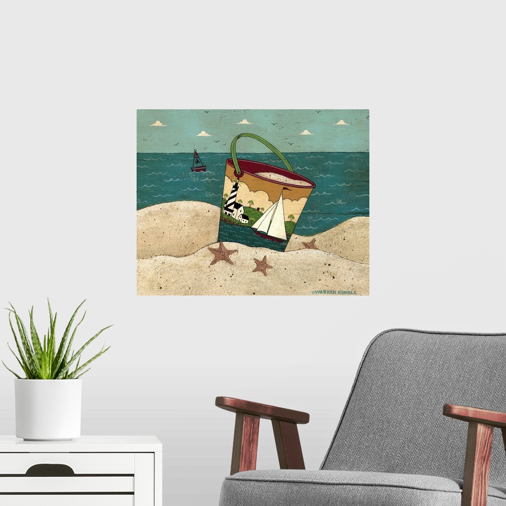 A modern room featuring A whimsical sand pail sits in the sand surrounded by starfish and the ocean drawn just behind it....