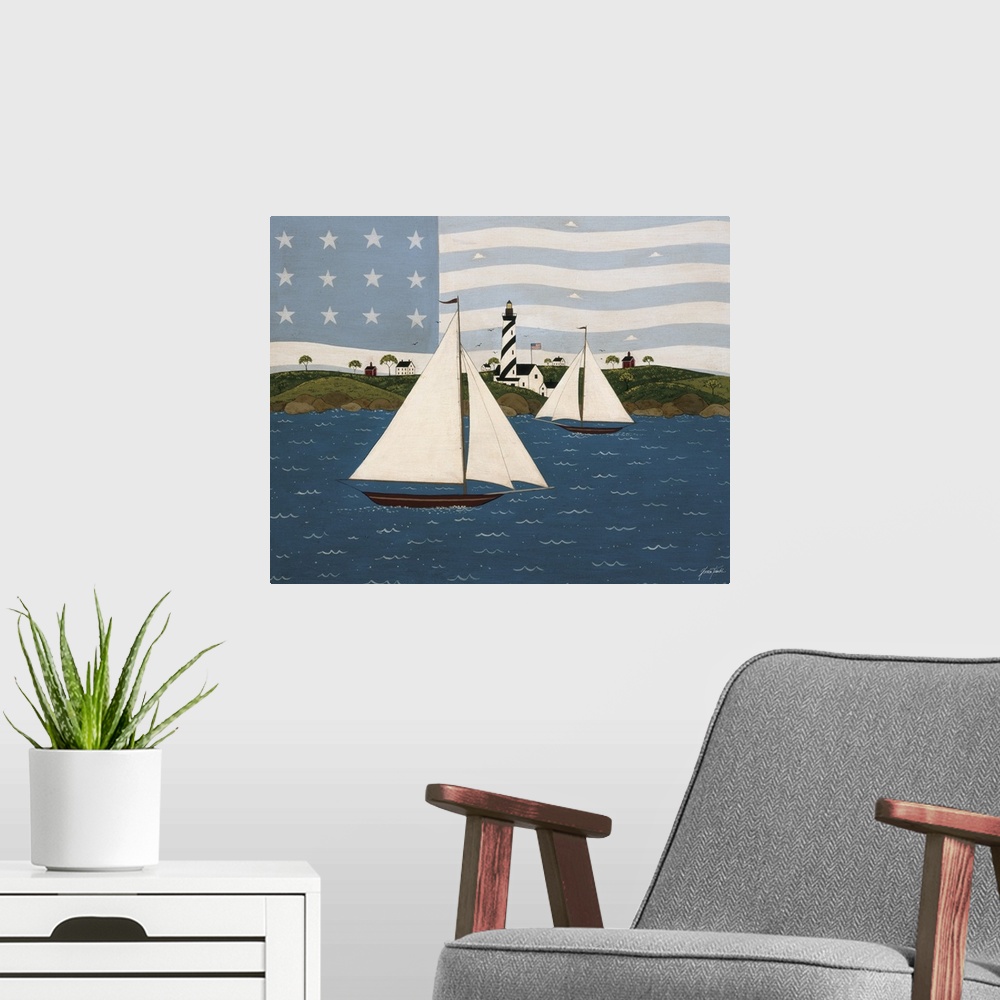 A modern room featuring America the Beautiful Sea to Shining Sea by renowned folk artist Warren Kimble