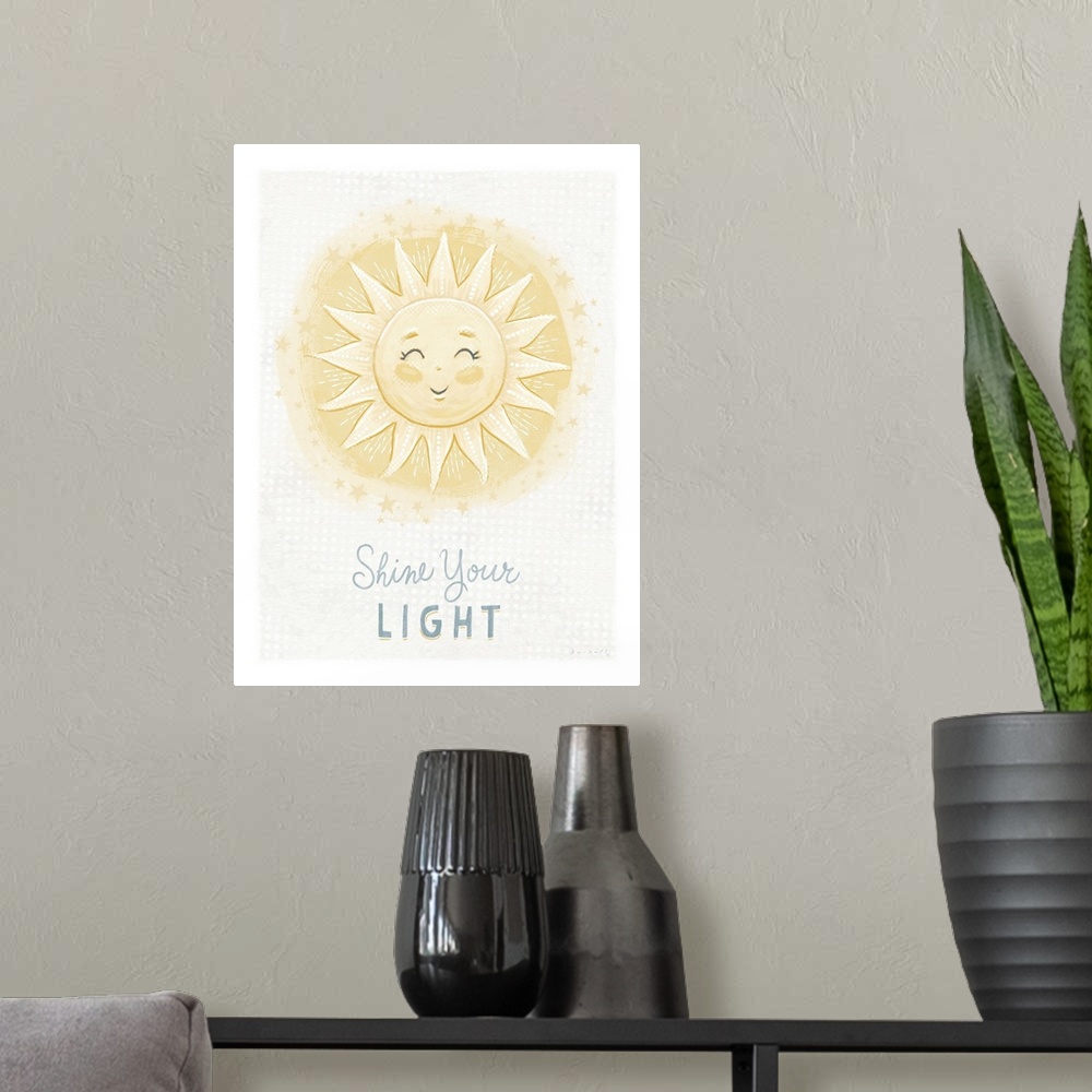 A modern room featuring A sweet and softly rendered painting of a smiling sunoperfect for any nursery.