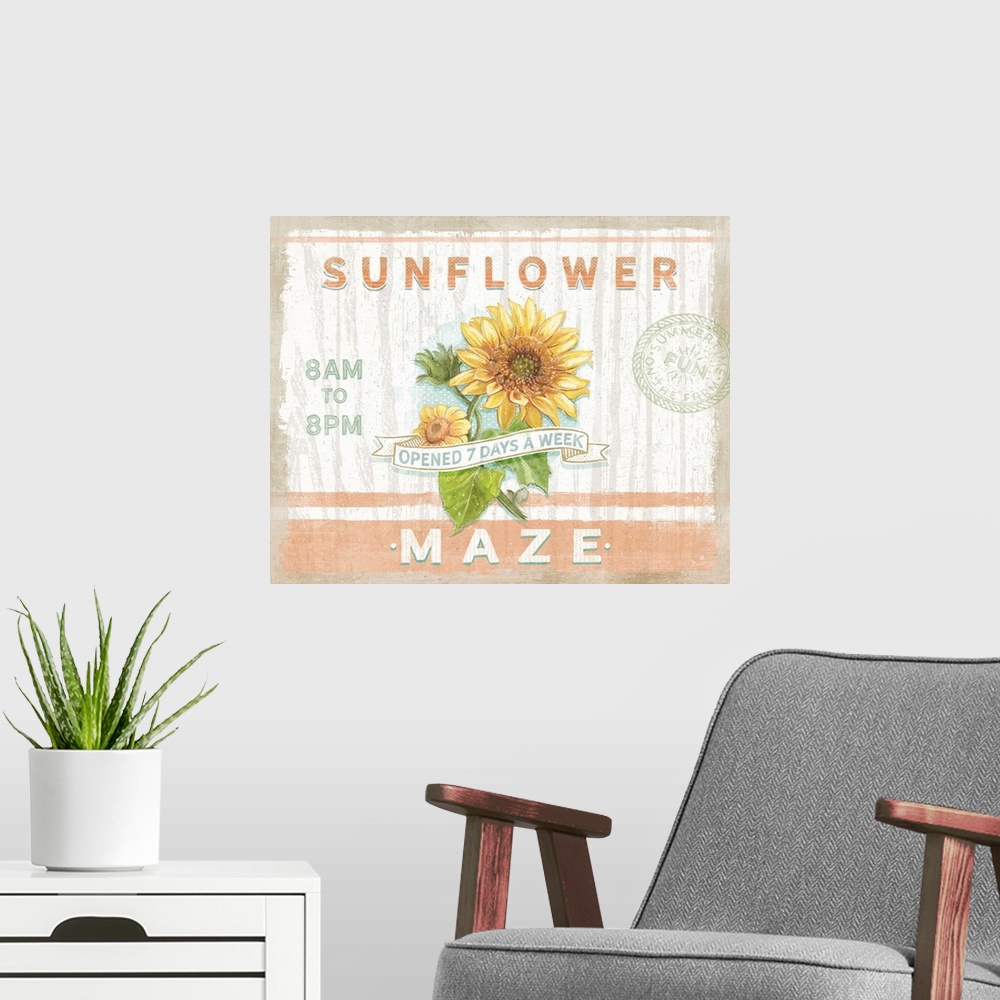 A modern room featuring This fall motif captures the fun of a sunflower maze.