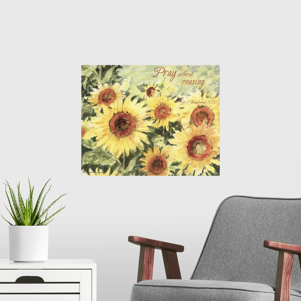 A modern room featuring Lovely floral art with inspirational message from scripture.