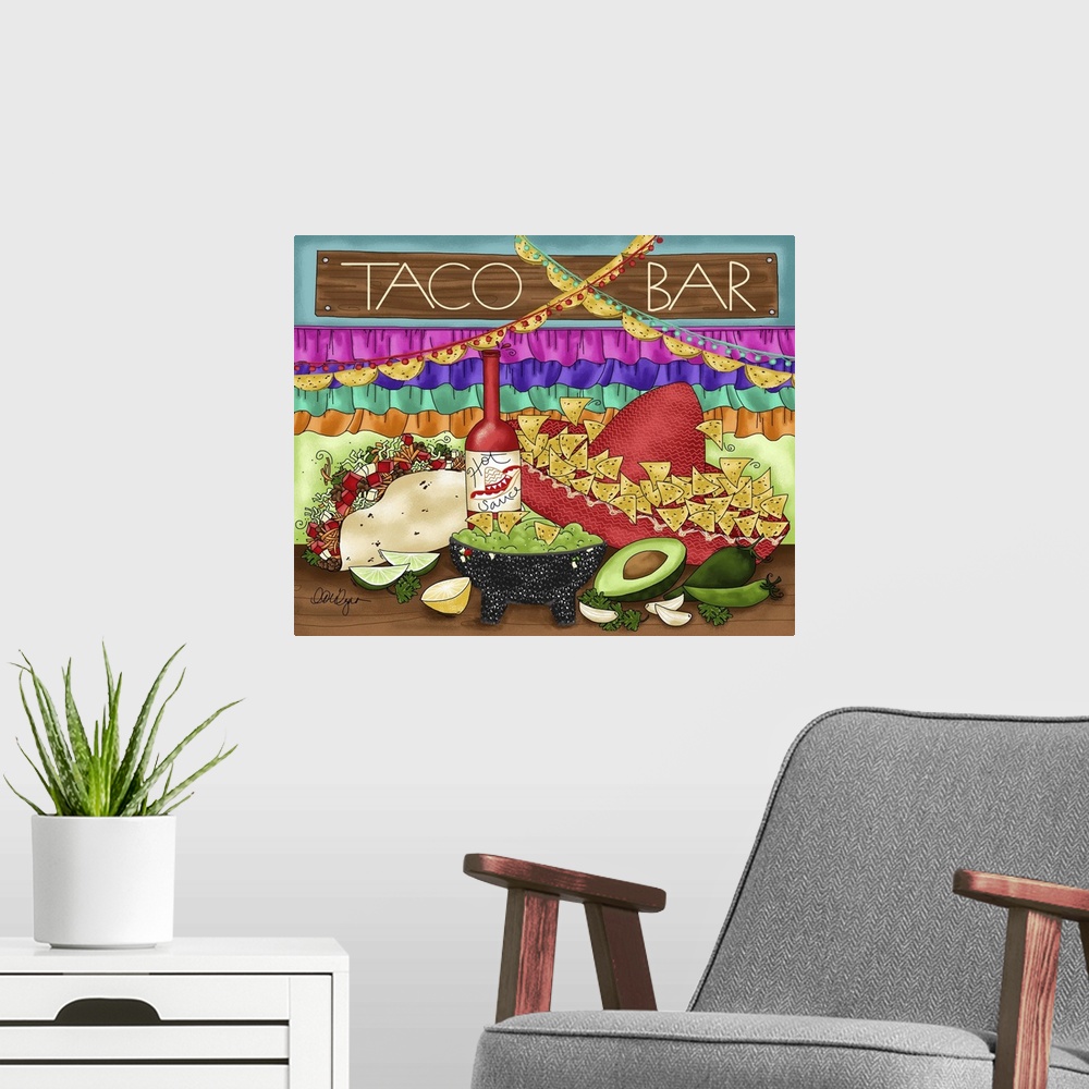 A modern room featuring Dig in to the taco bar!