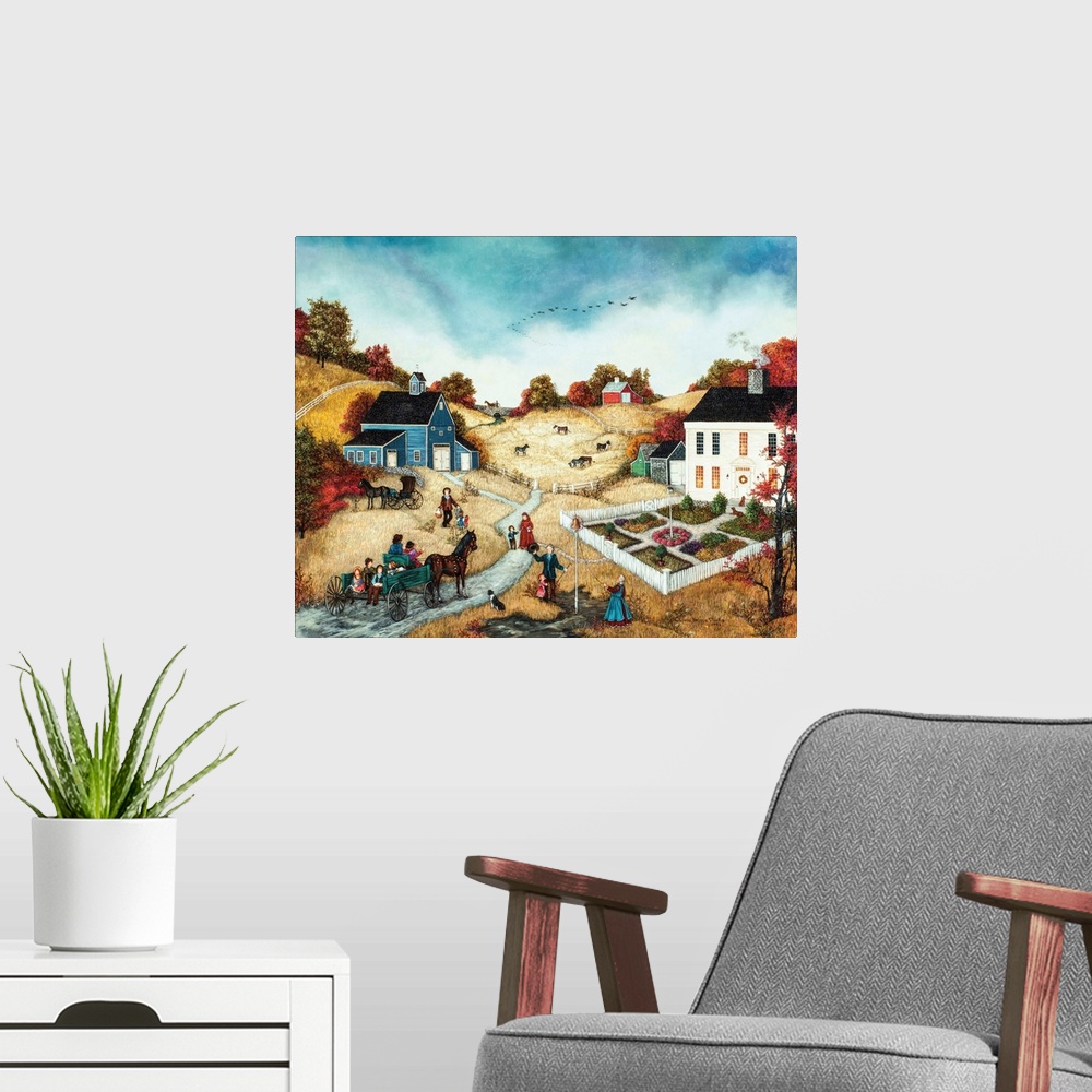 A modern room featuring A contemporary painting of a countryside village scene at Thanksgiving.