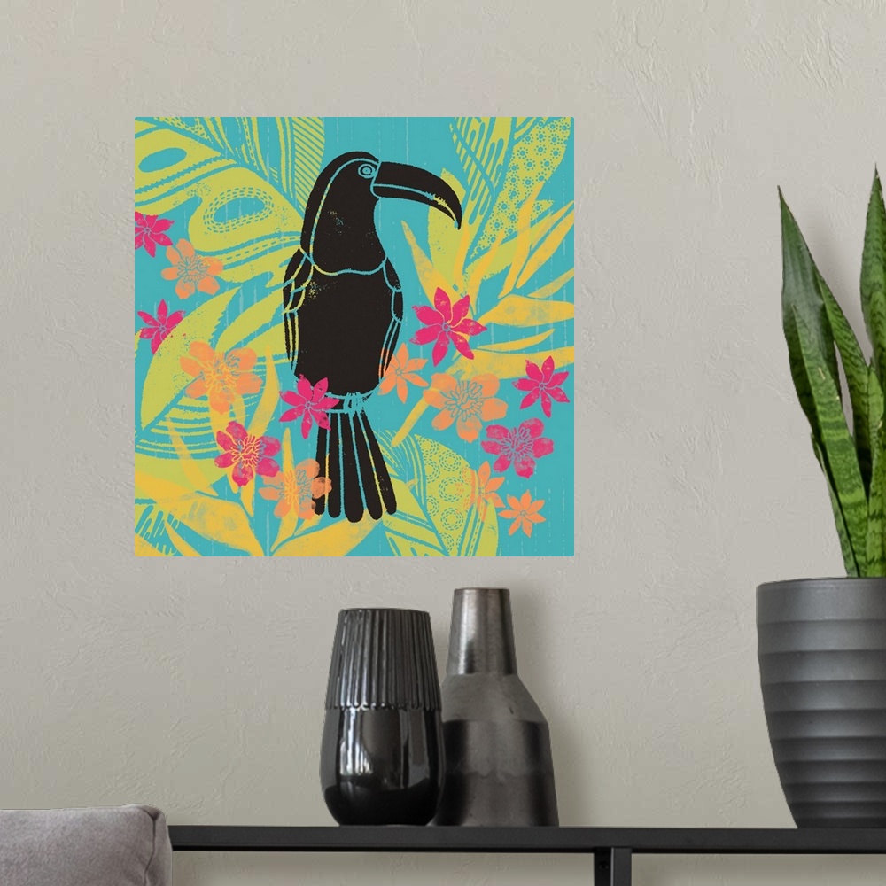 A modern room featuring Evoke the tropics with this colorful and fun Tiki-themed art.