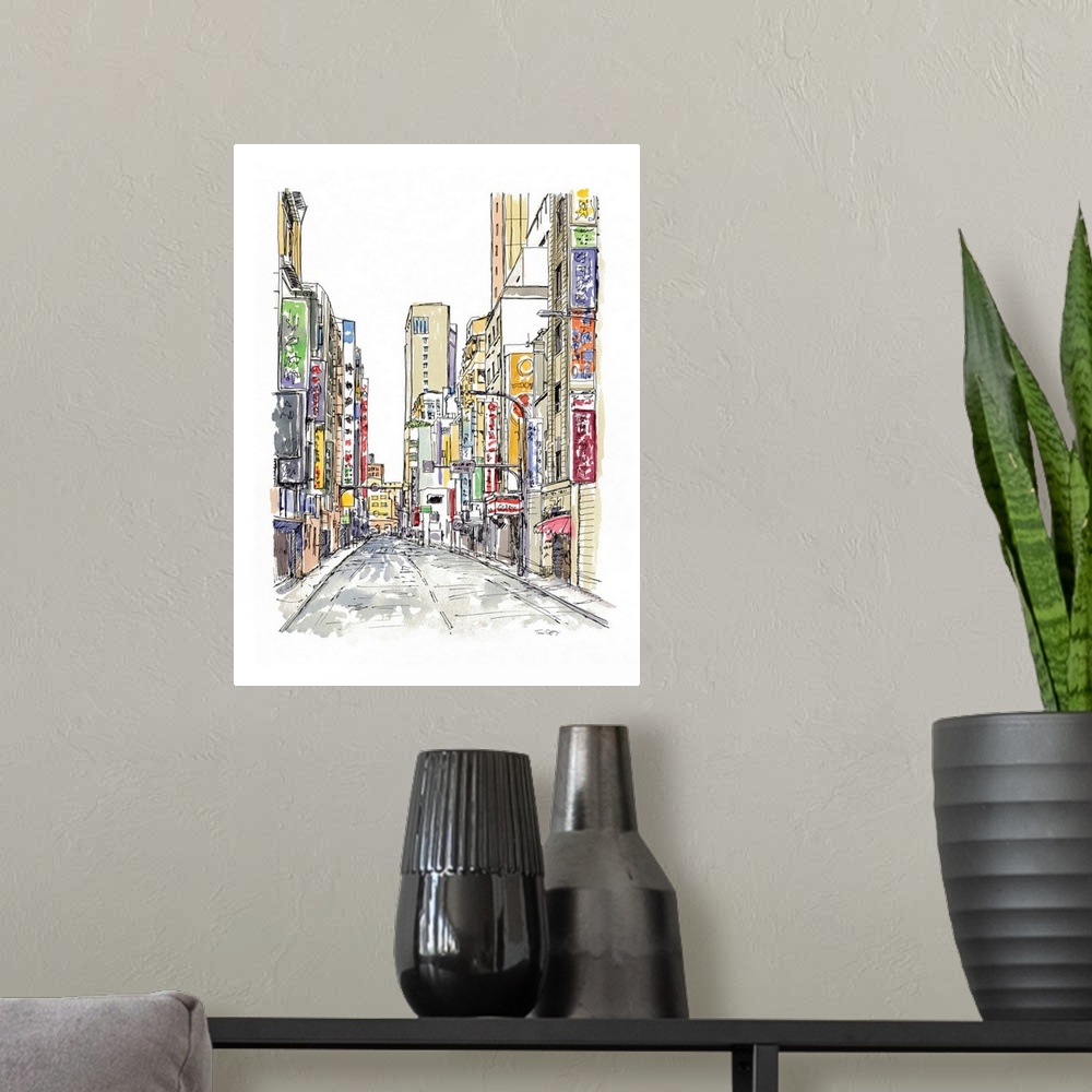 A modern room featuring A lovely pen and ink depiction of an urban streete scene.