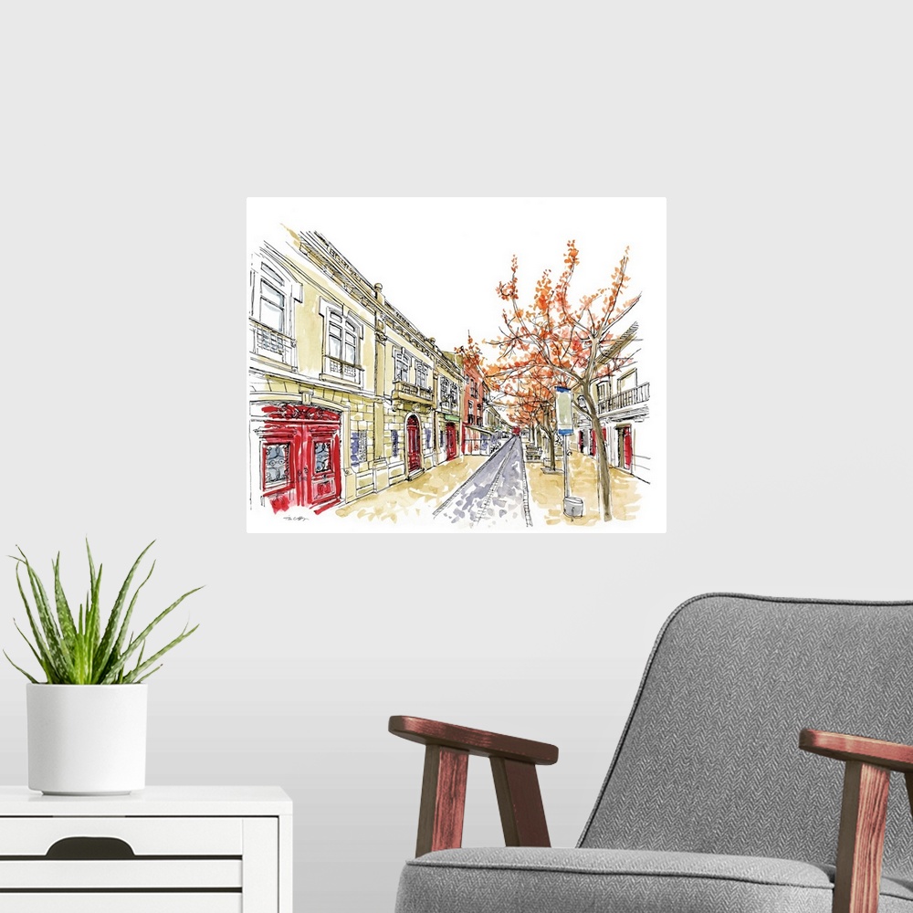A modern room featuring A lovely pen and ink depiction of a European city street