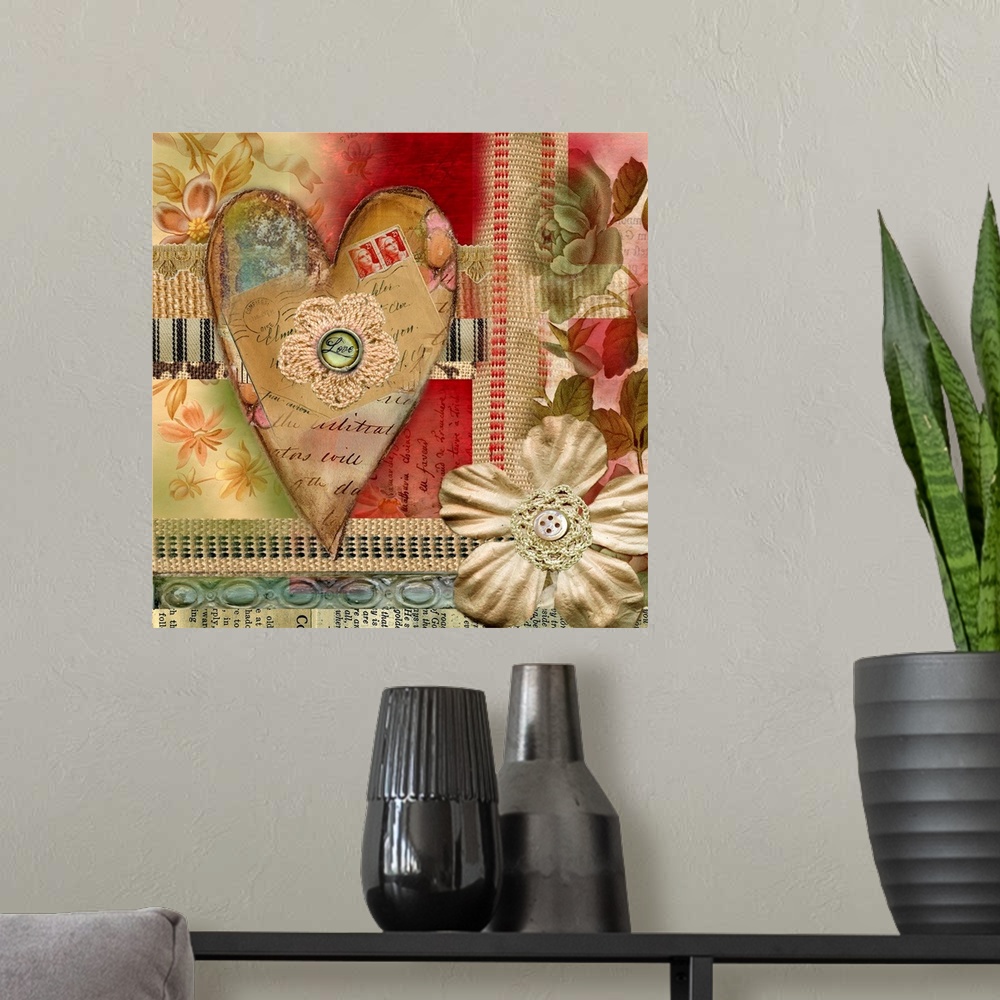 A modern room featuring Vintage heart ephemera collage with textural feel, beautiful for any room
