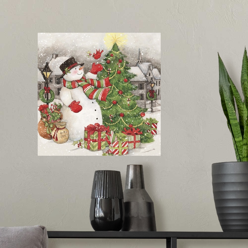 A modern room featuring A classic vintage depiction of Snowman decorating his tree.