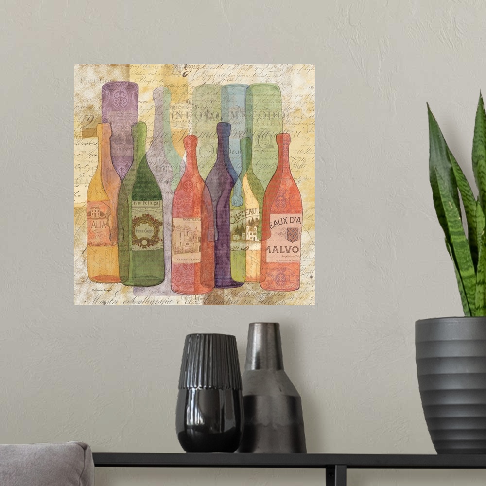 A modern room featuring An elegant abstract wine bottle scene captures all the color of wine.