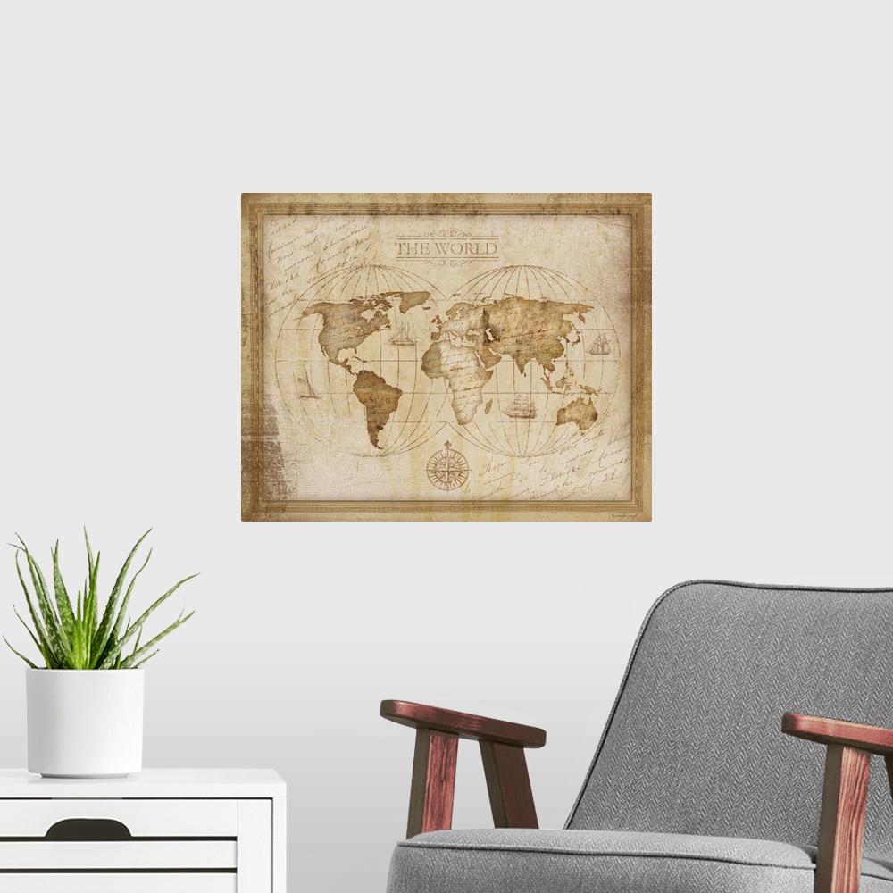 A modern room featuring Antique map of the world.