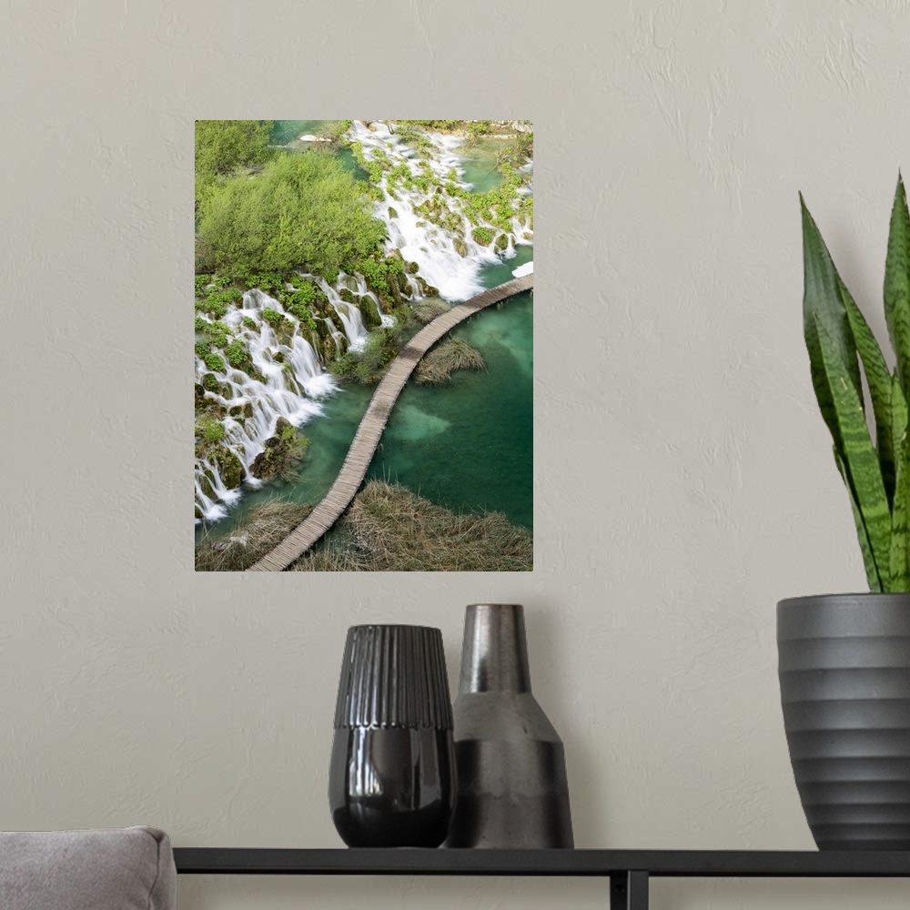 A modern room featuring Croatia, Plitvice Lakes National Park. Boardwalk along the Plitvice lakes national park as seen f...