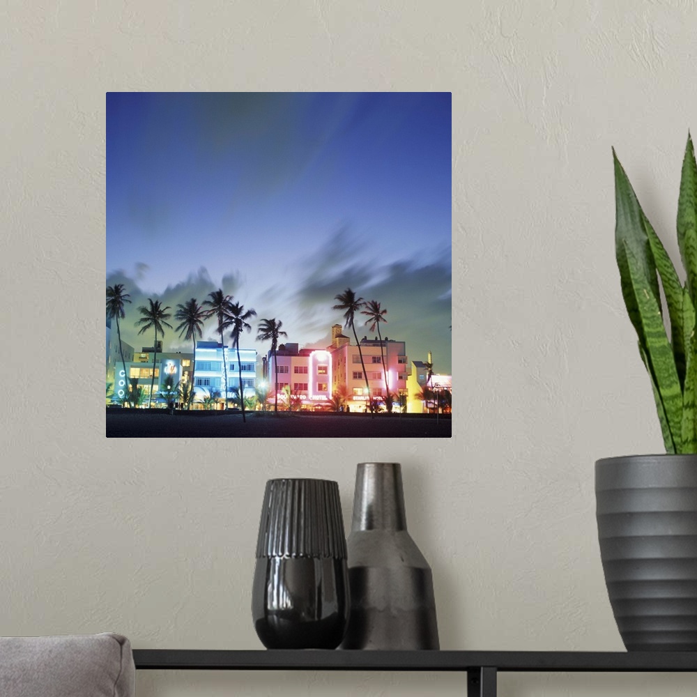 A modern room featuring N.A., USA, Florida, Miami, South Beach. Art Deco architecture and palm trees along the strip (Med...