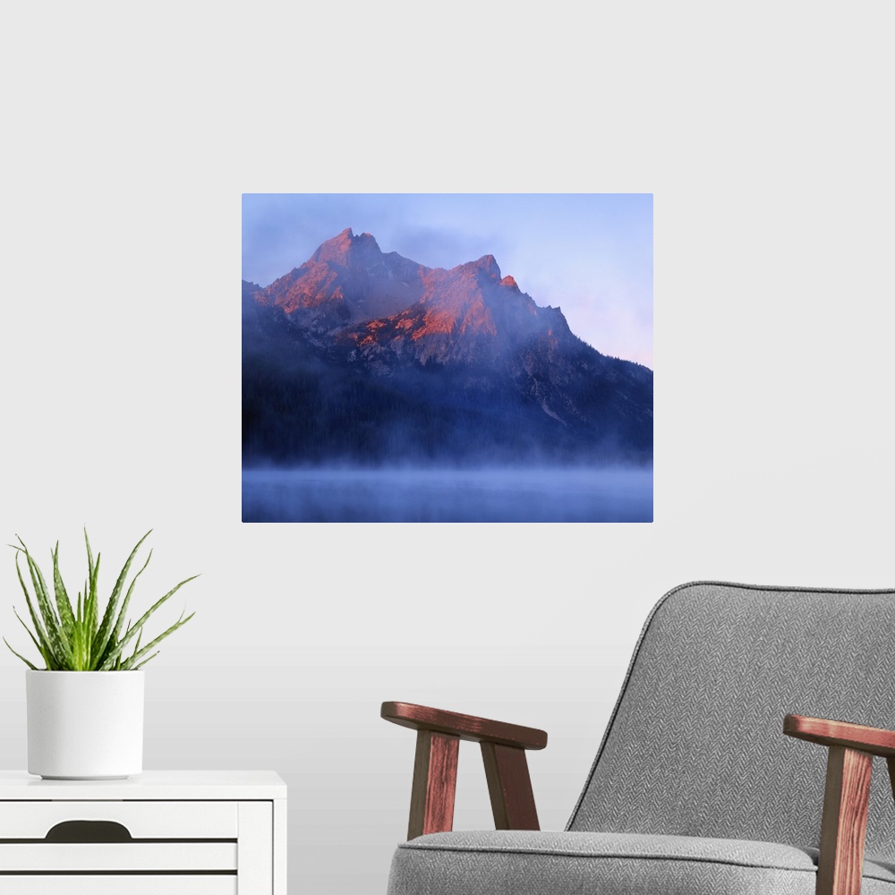 A modern room featuring USA, Idaho, Sawtooth Mountains. McGown Peak and Stanley Lake at sunrise.