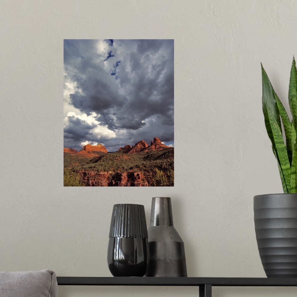 A modern room featuring USA, Arizona, Oak Creek Canyon. Menacing clouds race through the red rocks of Oak Creek Canyon in...
