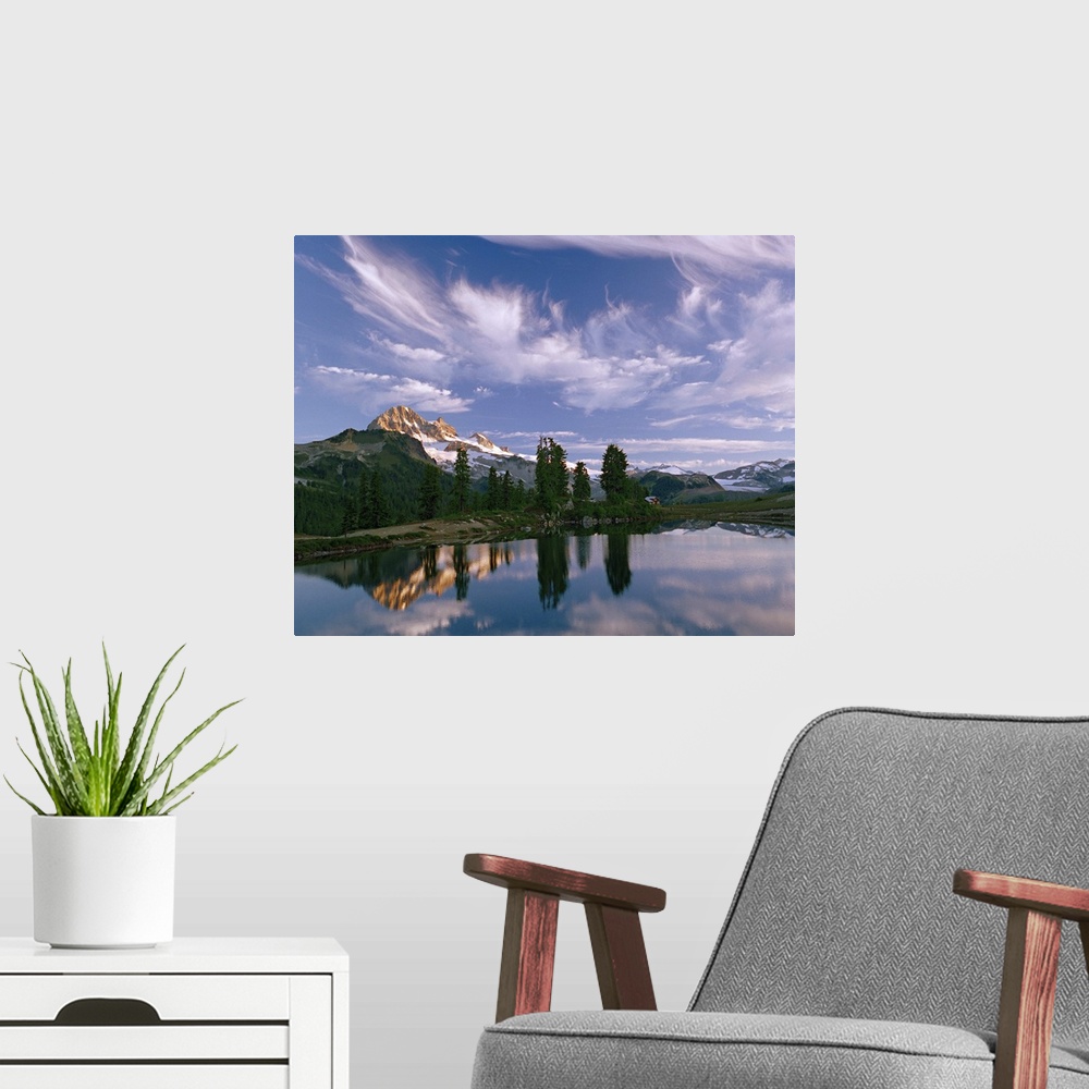 A modern room featuring Under a sky of wispy clouds, Mount Garibaldi towers over Elfin Lakes in Mount Garibaldi Provincia...