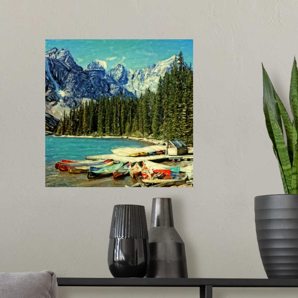 A modern room featuring North America, Canada, Banff National Park, Moraine Lake. Canoes along Moraine Lake.  Polaroid SX...