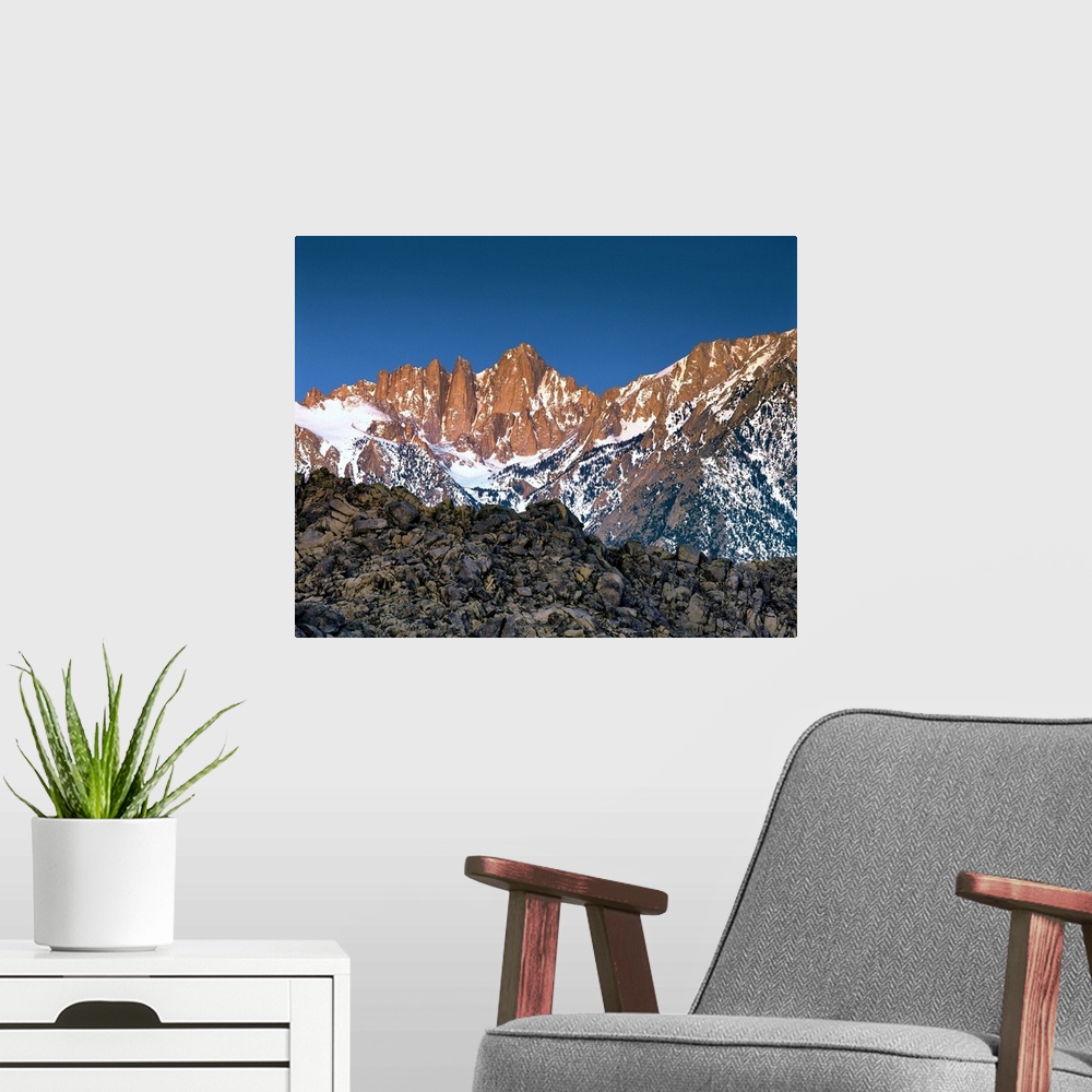 A modern room featuring USA, California, Mt Whitney. The Alabama Hills lead to Mt Whitney and the Sierra Nevada Mountains...