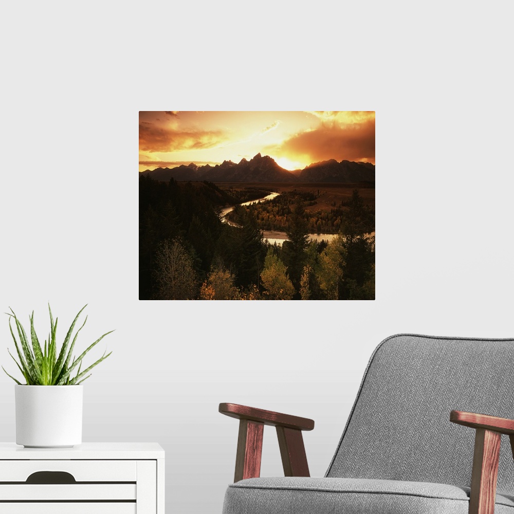 A modern room featuring USA, Wyoming, Grand Teton National Park, Snake River with Grand Teton range at sunset.