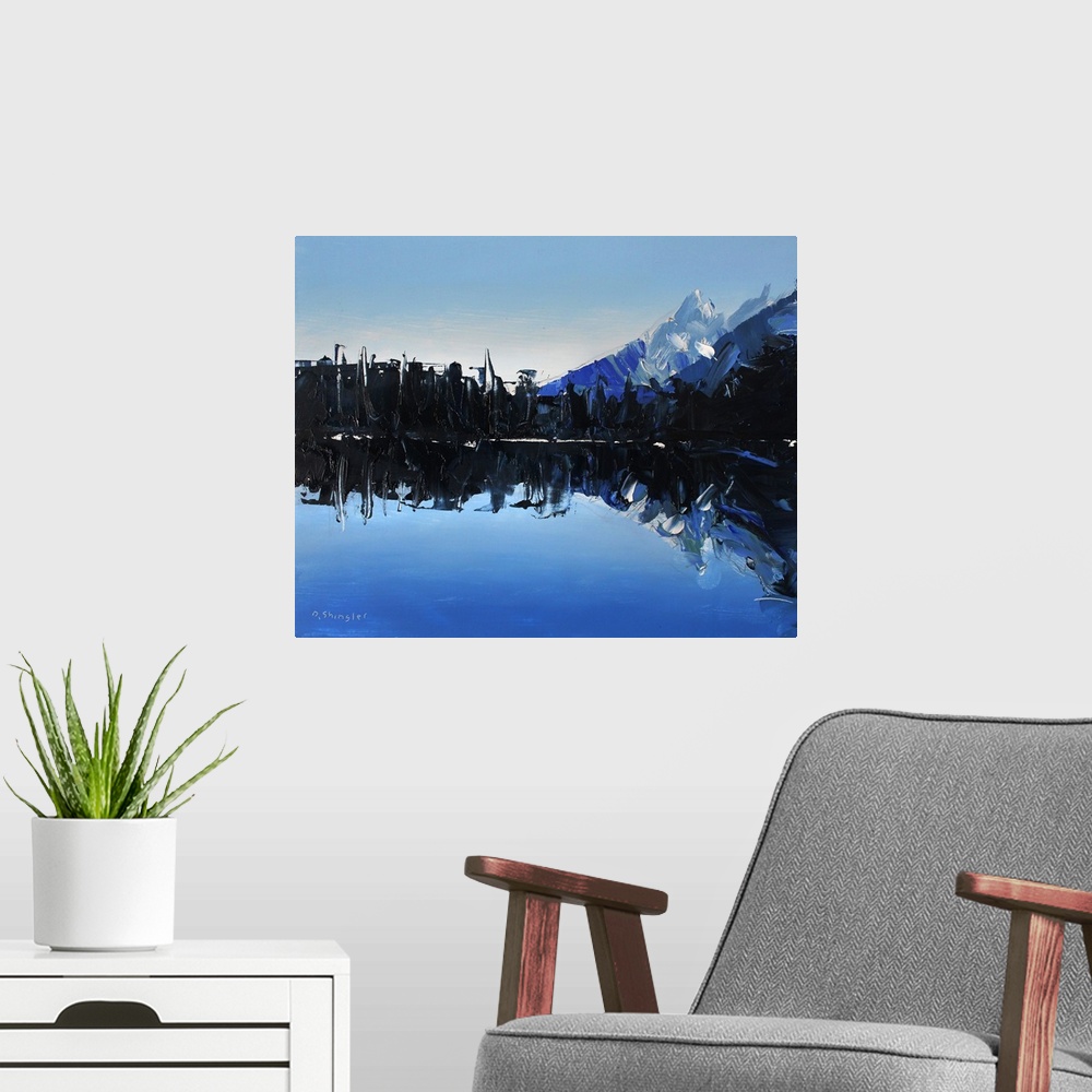 A modern room featuring Contemporary palette knife painting of trees surrounding Lake Marion with mountains in the backgr...