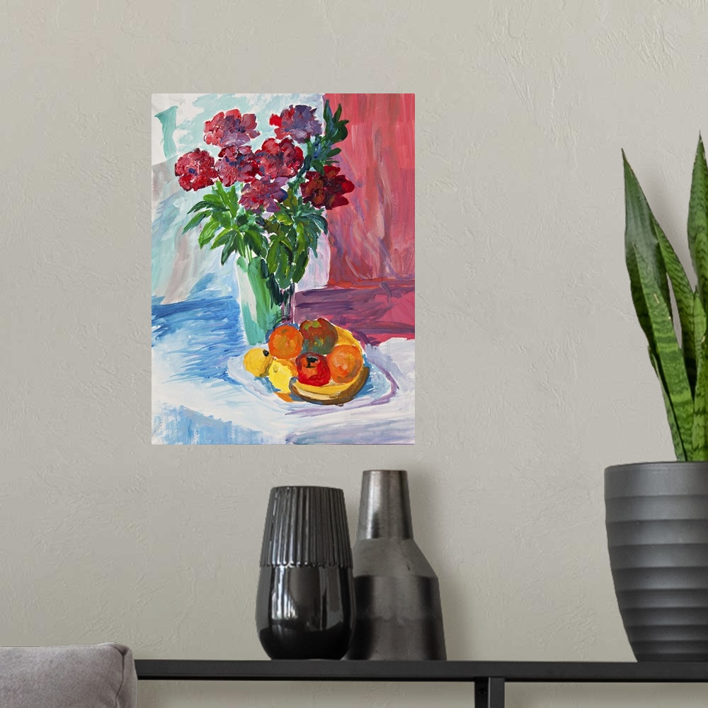 A modern room featuring Bright summer still life with flowers and fruits. Originally an oil sketch.
