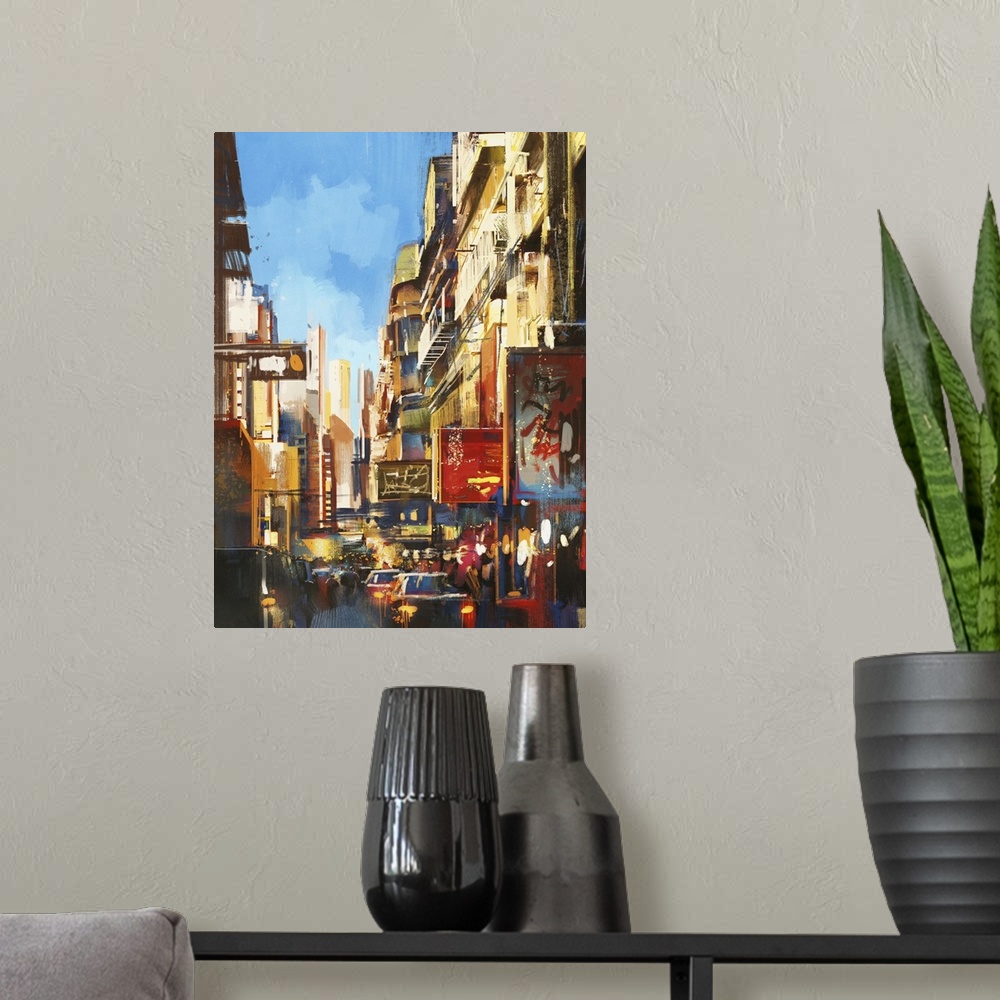 A modern room featuring Colorful painting of city street on sunny day.