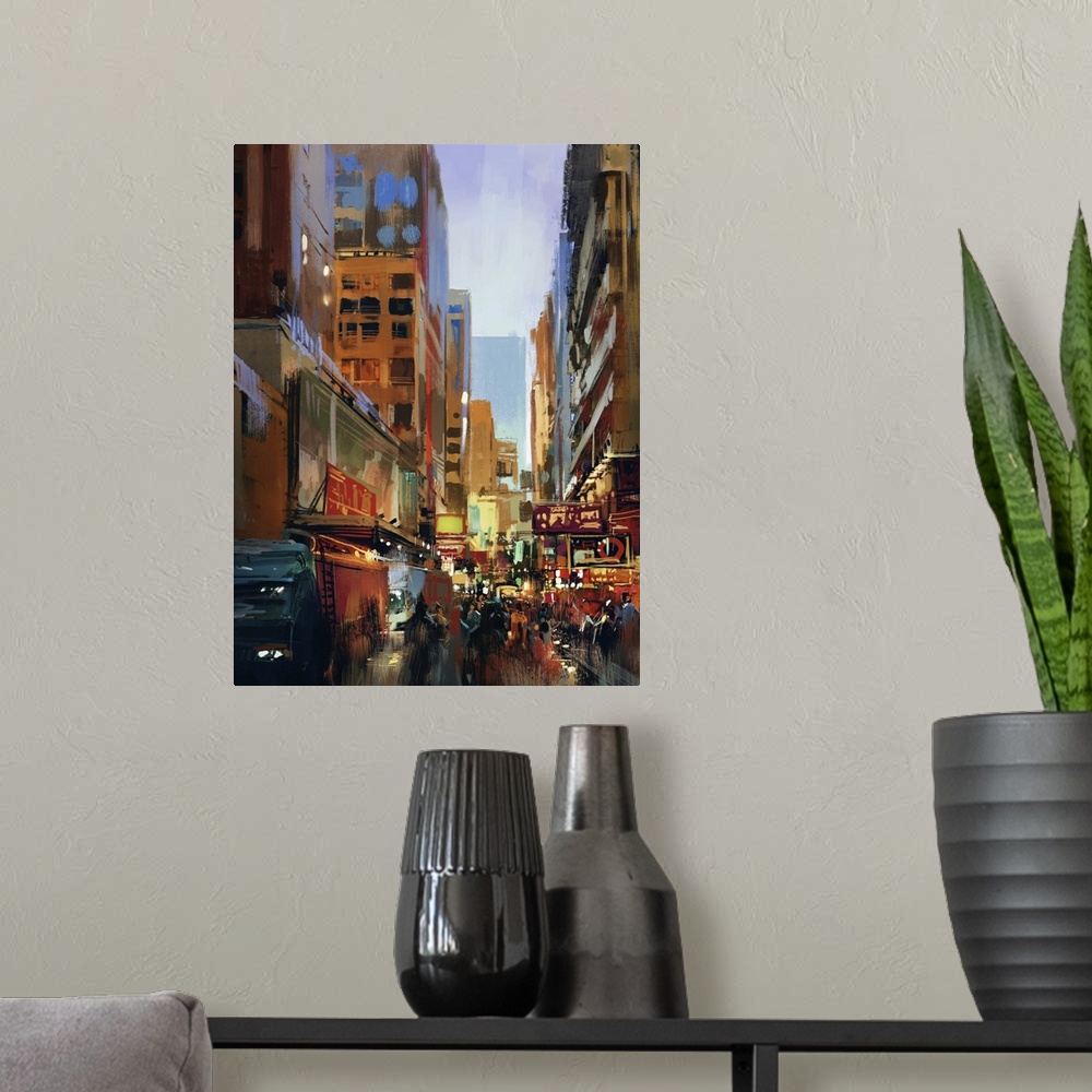 A modern room featuring Colorful painting of city street. Originally an illustration digital painting.