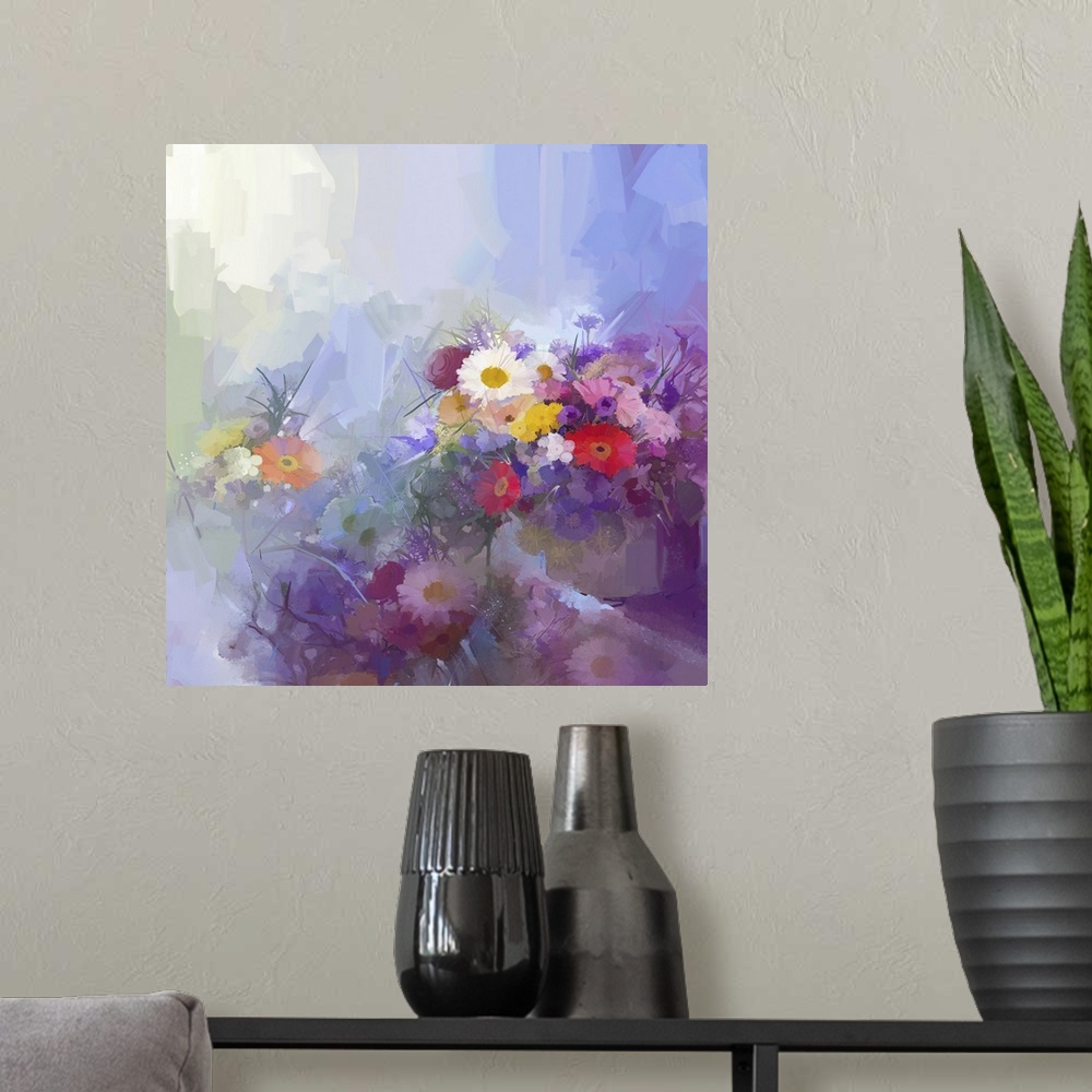 A modern room featuring Abstract flower painting. Vase with still lift bouquet of vintage flowers, originally an oil pain...
