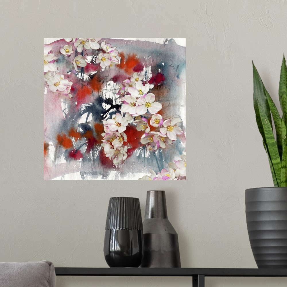 A modern room featuring Flowers of apple tree, abstract painting and mixed media art background.
